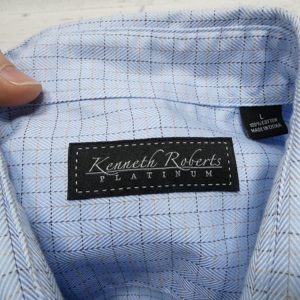 Kenneth Roberts Platinum Dress Shirt Mens Large Blue Herringbone Long Sleeve - Picture 4 of 9